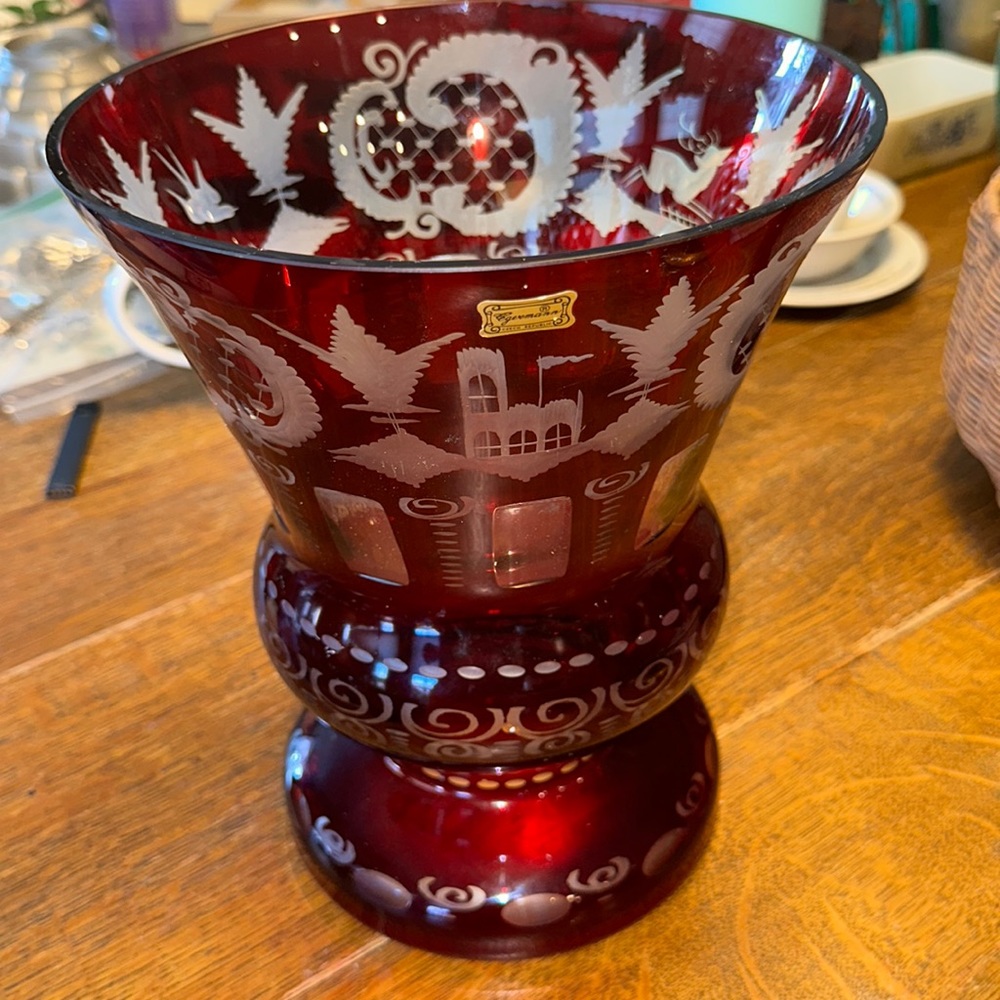 Egermann Bohemian large Cut Clear Amber Crystal Vase Czech Republic 11”